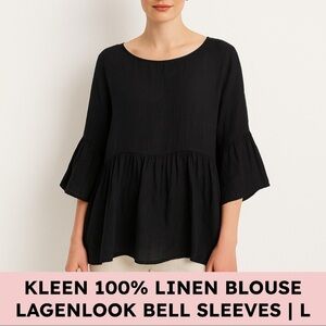 Kleen 100% Linen Peplum Blouse Boho Lagenlook Black Size L Bell Sleeves